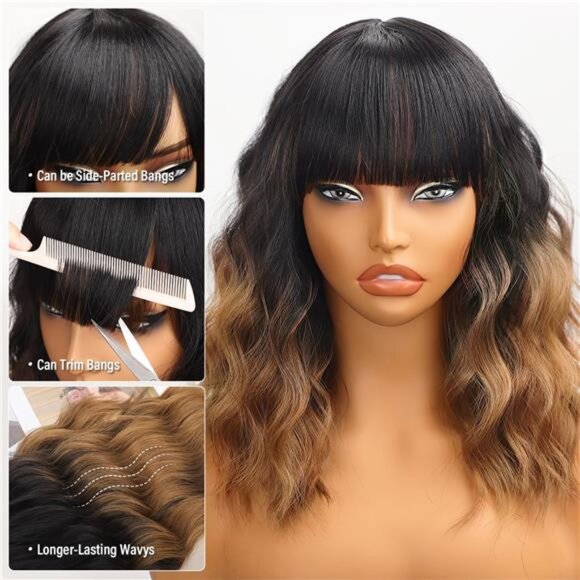 Nnzes Short Wavy Wig with Bangs for Women Shoulder Length Bob Curly Women\'s main image 13
